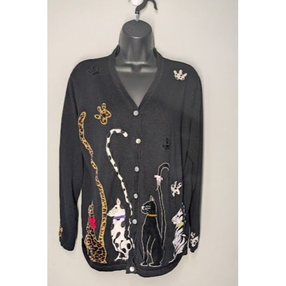 Berek Cardigan Sweater Womens XL Black Cat Animal Print Embellished Knit Novelty
